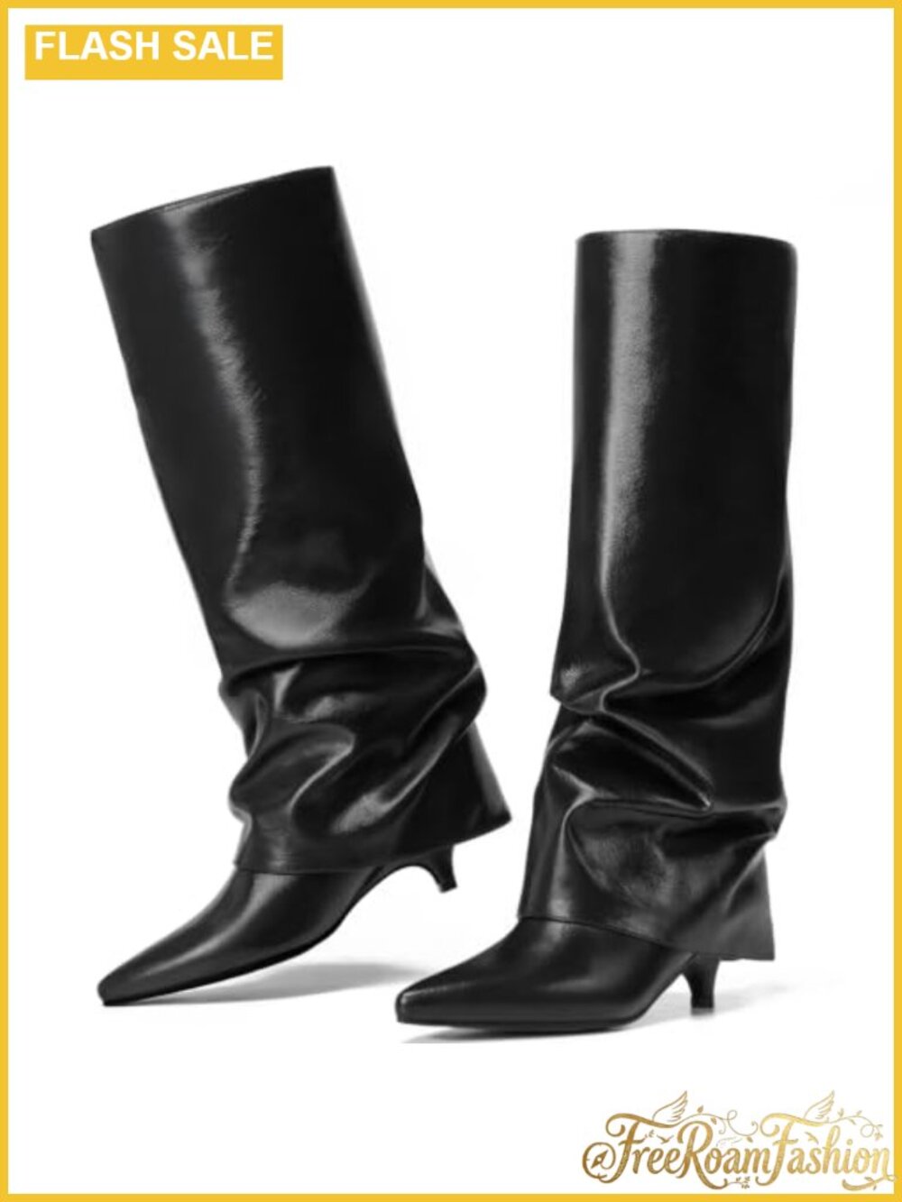Knee High Boots Pointed Toe Fold Over Faux Leather Kitten Heel Comfortable
